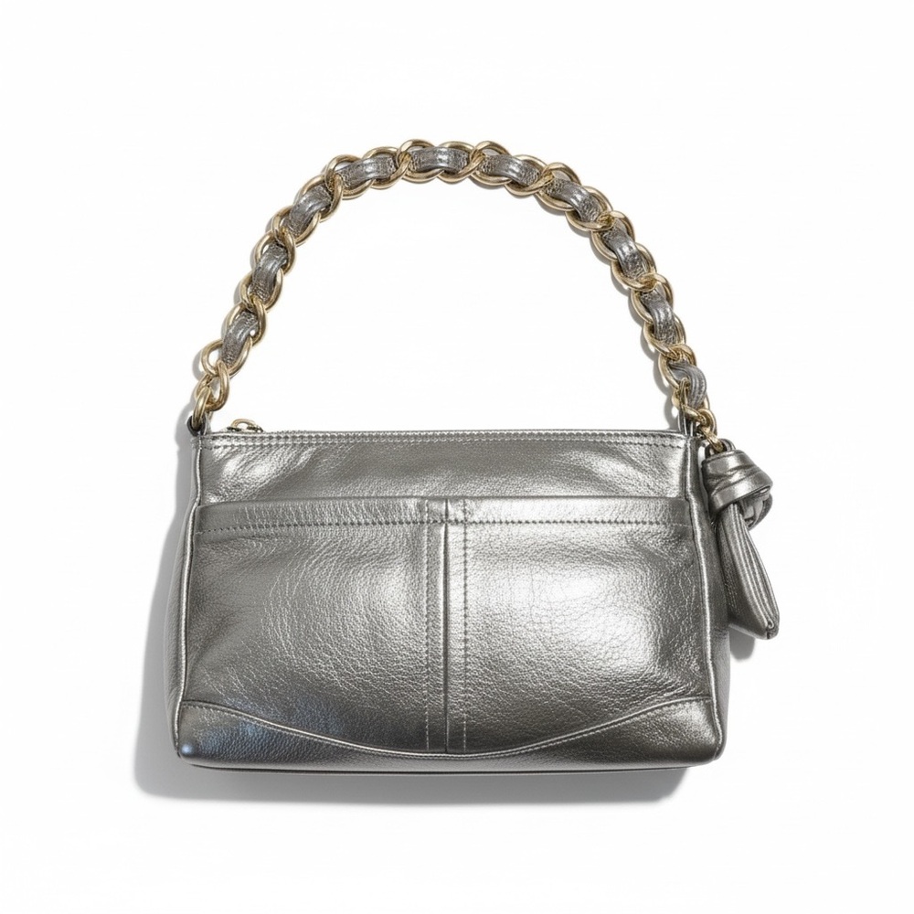 B. Makowsky Metallic Silver Leather/
Chunky Gold Chain/Y2K Glam Baguette Purse - Picture 2 of 10